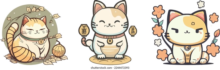 set of cute Chinese new year 2023 cat. Animal holidays cartoon characters. Isolated on white background.  year of the cat zodiac signs. Chinese New Year Lunar 2023. Text: New year cat