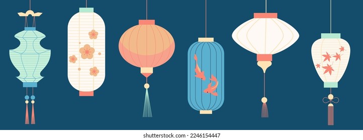 Eine Reihe süßer chinesischer Papierlanterns im Cartoon-Stil. Handgezeichnete Vektorgrafik. Dekoration asiatischer Feste, Banner, Hintergrund, Vorlage.