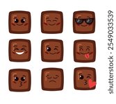 Set of Cute chocolate pieces characters with funny face. Set of happy dark or milk chocolate emoji. Vector illustration of chocolate emoticon