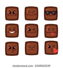 Conjunto de personajes de piezas de chocolate lindo con cara divertida. Conjunto de emoji de chocolate negro o leche feliz. Ilustración vectorial de emoticono de chocolate