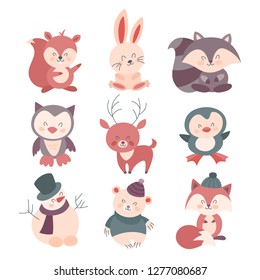 Set of cute christmas animal in warm clothes. Collection of winter season animal. Element for design and decoration. Vector flat illustration