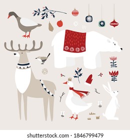 Set of cute Christmas animals, birds and decoratione icons. Polar bear, deer and goose birds with white rabbit. Christmas ornaments with holly, fruit and flowers. Vintage flat design. Isolated vectors