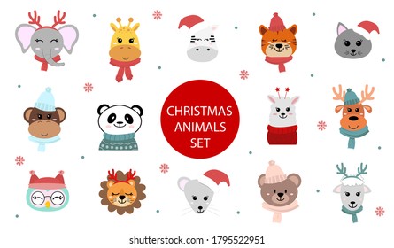 Set of cute christmas animals characters. Cartoon zoo. Vector illustration in flat style. African and Siberian animals.