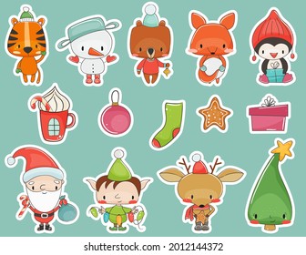 Set of cute christmas animals and characters. Vector illustration.