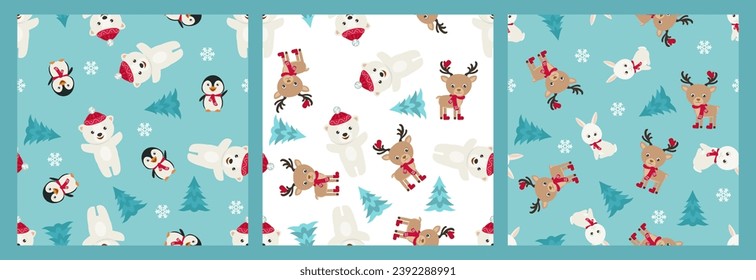 Set of cute christmas background with funny animals. Winter seamless patterns. Vector cartoon flat illustration.