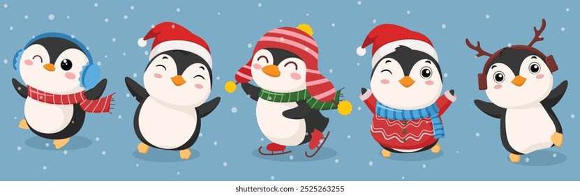 Set of cute christmas banner with penguin cartoon