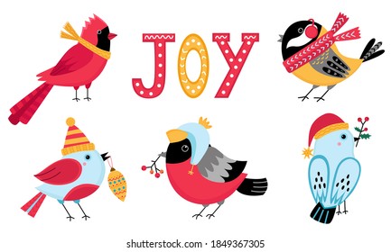 Set of cute Christmas birds in winter accessories - hat, scarf. Northern cardinal, titmouse, bullfinch, blue bird. Rowan, holly in beak. Joy lettering. Vector illustration isolated on white background