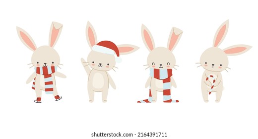 Set of cute christmas bunnies. Collection of adorable new year rabbits. Kawaii winter hares.