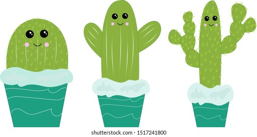 Set with cute christmas cactus. Vector illustration.