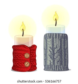Set of cute Christmas candles with knitted covers. Sketch for greeting card, festive poster, party invitations.The attributes of Christmas and New year. Handmade work. Vector isolated illustration.