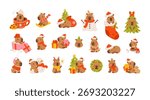 Set cute christmas capybaras in different poses and christmassy items. Hand drawn cartoon flat vector style. Holiday seasonal decoration for design, kids collection, stickers