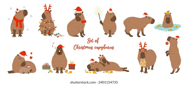 Set cute christmas capybaras in different poses and christmassy items. Hand drawn cartoon flat vector style. Holiday seasonal decoration for design, kids collection, stickers