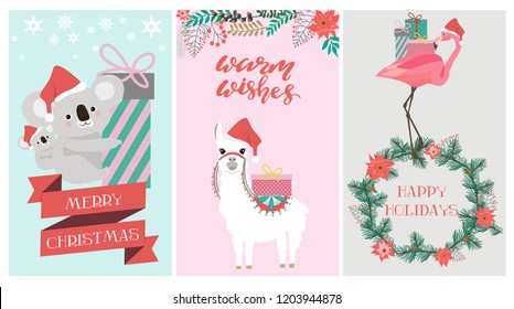 Set of cute Christmas card with koala bear, flamingo and lama. Editable vector illustration