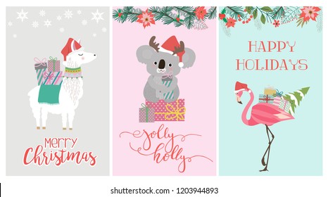 Juego de tiernos tarjetas de Navidad con oso koala, flamingo y lama. Ilustración vectorial editable