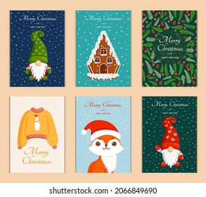 Set of cute Christmas cards. Collection of vector New Year illustrations