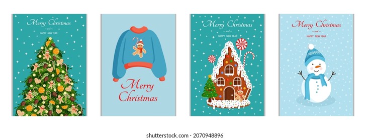 Set of cute Christmas cards. Collection of vector New Year illustrations with Christmas tree, sweater, gingerbread house, snowman.