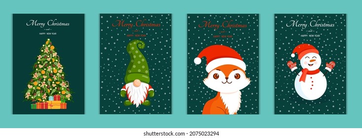 Set of cute Christmas cards. Collection of vector New Year illustrations with gnome, Christmas tree, fox and snowman.