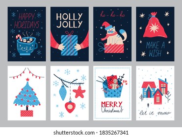 Set of cute Christmas cards. Festive vector illustration, hand drawn style.