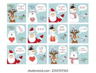 Set of Cute Christmas cards with funny cartoon characters with speech bubble