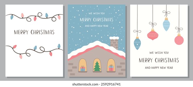A set of cute Christmas cards. Romantic New Year's collection. Vector illustration