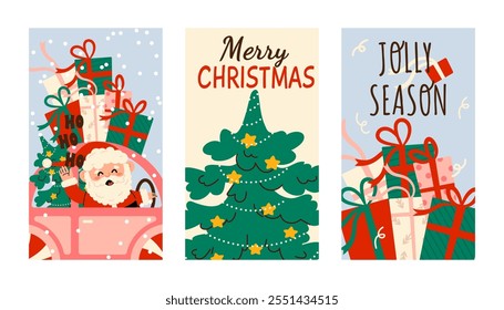 Set of cute Christmas cards with Santa Claus in car with presents, Christmas tree in children's style. Holiday illustration on white background. Xmas cards collection. 