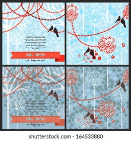 set of cute christmas cards and seamless patterns with trees and snow, vector illustration