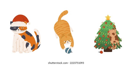 Set of Cute Christmas Cats. Funny Pets Feline Characters Sit in Gift Box or Sock, Wrap in Garland, Play with Bauble, Fight with Xmas Tree, Naughty Kitten Play and Fun. Cartoon Vector Illustration