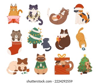 Set of Cute Christmas Cats. Funny Pets Feline Characters Sit in Gift Box or Sock, Wrap in Garland, Play with Bauble, Fight with Xmas Tree, Naughty Kitten Play and Fun. Cartoon Vector Illustration