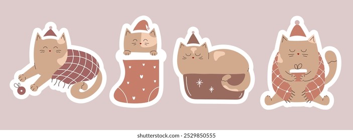 Set of cute Christmas cats in gift box, sock, blanket. Hand drawn doodle illustration.