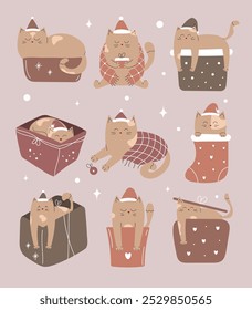 Set of cute Christmas cats in gift box, sock, blanket. Hand drawn doodle illustration.