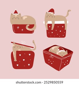 Set of cute Christmas cats in Santa hat in gift box. Hand drawn doodle illustration.