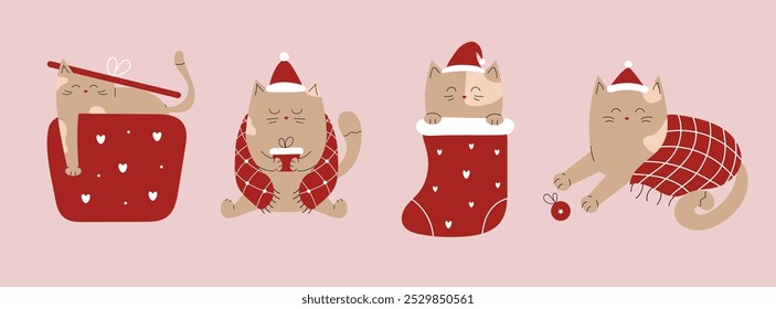 Set of cute Christmas cats in Santa hat in gift box, sock, blanket. Hand drawn doodle illustration.