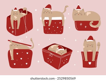 Set of cute Christmas cats in Santa hat in gift box. Hand drawn doodle illustration.