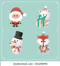 Set of cute Christmas character. Santa Claus, Bear, Snowman, Fox. Vector illustration