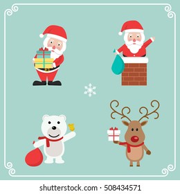 Set of cute Christmas character Santa claus, polar bear and reindeer Vector illustration