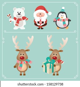 Set Of Cute Christmas Character. Vector Illustration