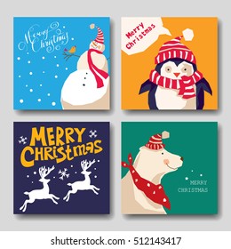 Set of cute Christmas character. Vector illustration.card with Christmas. reindeer, snowman, penguin, polar bear