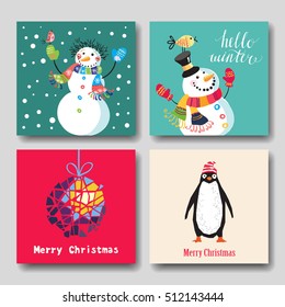 Set of cute Christmas character. Vector illustration. snowmen, penguin, Christmas ball