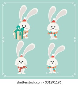 Set of cute Christmas character. White bunny. Vector illustration