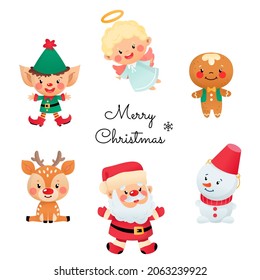 Set of cute Christmas characters. Collection of cartoon winter holiday characters: Santa Claus, an angel, a snowman, a gingerbread man, a deer and a Christmas elf. Merry Christmas greeting card.