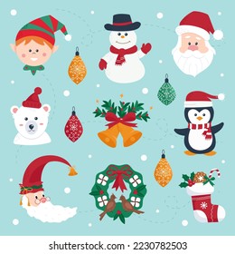 Set of cute Christmas characters and decorative elements for graphic and web design. Vector illustration