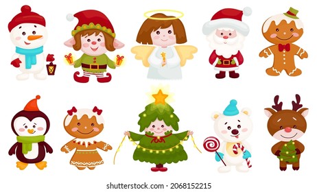 Set of cute Christmas characters in holiday costumes. Cartoon vector graphics.
