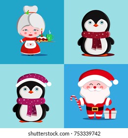 Set of cute Christmas characters like Santa Claus, panda, deer, Mrs. Claus. Vector illustration.