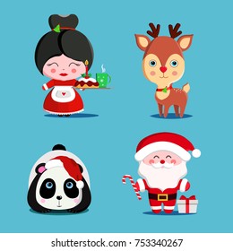 Set of cute Christmas characters like Santa Claus, panda, deer, Mrs. Claus. Vector illustration.