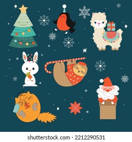 Set of cute Christmas characters: Santa, Christmas tree, cat, hare, alpaca, sloth, bullfinch