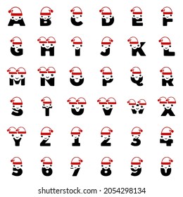 Set of cute Christmas characters in the shape of letters and numbers, New Year or Christmas vector clip art.