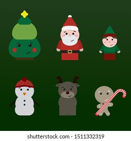 Set of cute christmas characters - tree, santa claus, elf, snowman, deer and gingerbread man - vector illustration