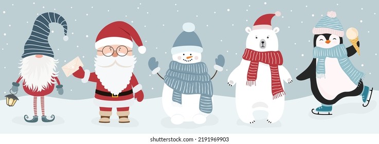 Conjunto de personajes adorables de navidad. Ilustración vectorial en caricatura plana para tarjetas de felicitación, saludos de temporada, web, papel envolvente y otro diseño.