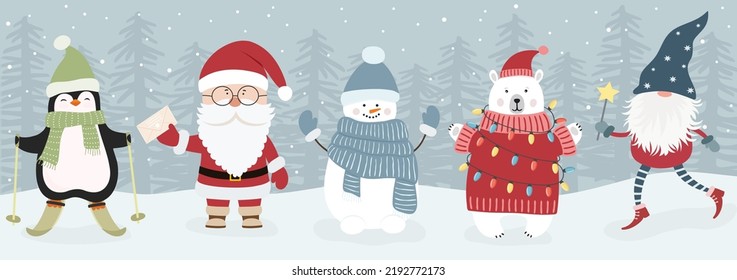 Set of cute christmas characters. White bear, scandinavian gnome, snowman Santa Claus and penguin. Vector illustration in flat cartoon style.