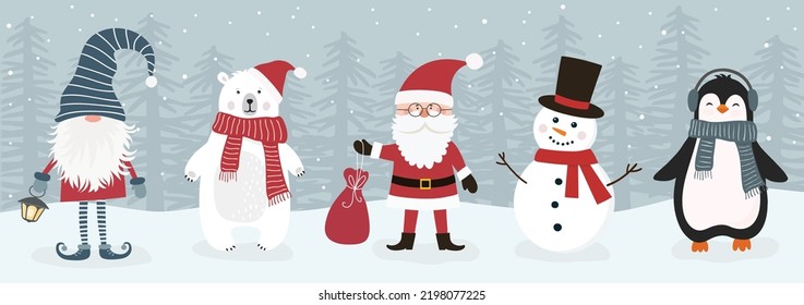 Set of cute christmas characters. White bear, scandinavian gnome, snowman Santa Claus and penguin. Vector illustration in flat cartoon style.
